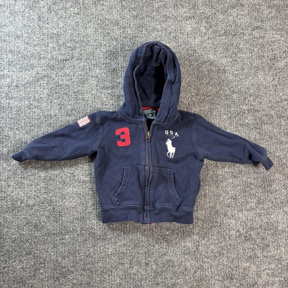 Polo Ralph Lauren Jacket Boys 18M Blue Fleece Hooded Full Zip USA Flag